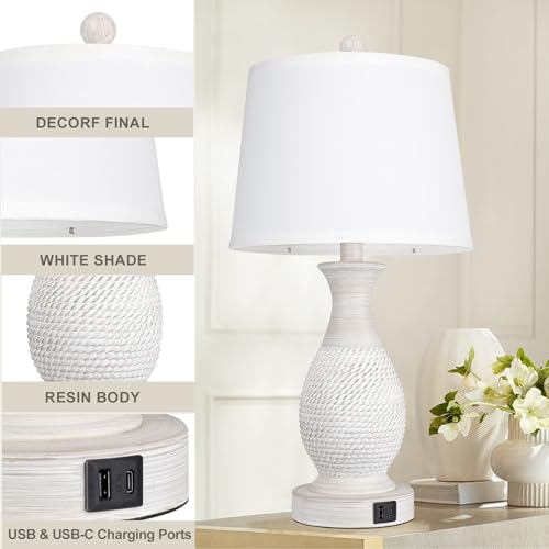 PARTPHONER Table Lamps Set of 2, Bedside Touch Lamp with USB C+A Charging Ports, Side Table Lamp with White Fabric Shade (LED Bulbs Included) - size: (No Color) 22.6" Touch Lamp