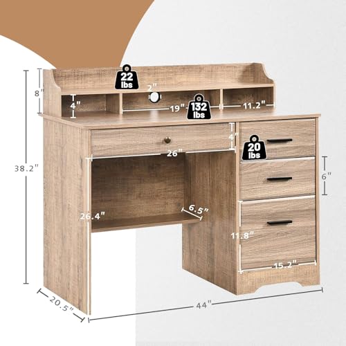 Computer Desk with 4 Drawers and Hutch, Wood Executive Desks with File Drawer and Shelves, Small Desk Study Table for Bedroom, Student Teen Writing Laptop Table, Grey - color: Grey