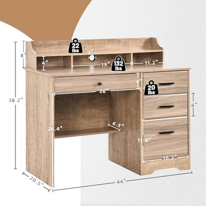 Computer Desk with 4 Drawers and Hutch, Wood Executive Desks with File Drawer and Shelves, Small Desk Study Table for Bedroom, Student Teen Writing Laptop Table, Grey - color: Grey