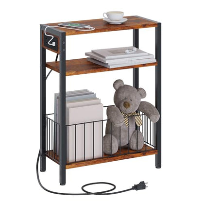 TRIFEBLE Narrow Side Table with Charging Station, Small End Table for Small Spaces, Slim Nightstand with Storage Basket, 3 Tier Skinny Bedside Table for Living Room, Bedroom, Rustic Brown - color: Rustic Brown, style: With Basket & Power