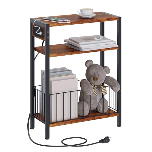 TRIFEBLE Narrow Side Table with Charging Station, Small End Table for Small Spaces, Slim Nightstand with Storage Basket, 3 Tier Skinny Bedside Table for Living Room, Bedroom, Rustic Brown - color: Rustic Brown, style: With Basket & Power