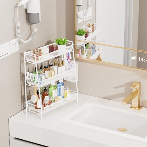 VITVITI 3-Tier Bathroom Organizer Countertop, Metal Wire Mesh Bathroom Counter Organizer Storage with Basket Hooks, Vanity Tray Shelf, Kitchen Spice Rack (White) - color: 3 Tier Large White
