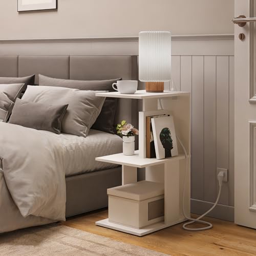 MAHANCRIS End Table with Charging Station, C-Shaped White Side Table, Thin Nightstand with Storage, Bedside Table for Small Spaces, End Tables Living Room, Bedroom, Easy Assembly, ETWT18E01Z - color: White