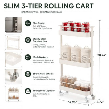 Rolling Storage Cart, 3 Tier Bathroom Organizer Mobile Shelving Unit, Metal Utility Cart Tower Rack for Kitchen Laundry Narrow Places(Fully Assembled Furniture, White) - color: White