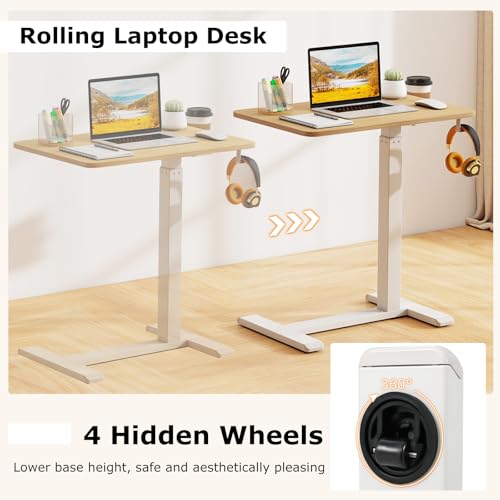 Tangkula Mobile Standing Desk, Pneumatic Height Adjustable Rolling Desk with Cup Holder & Headphone Hook, Overbed Table with Hidden Wheels, Laptop Computer Cart for Couch, Home, Office (Natural) - color: Natural