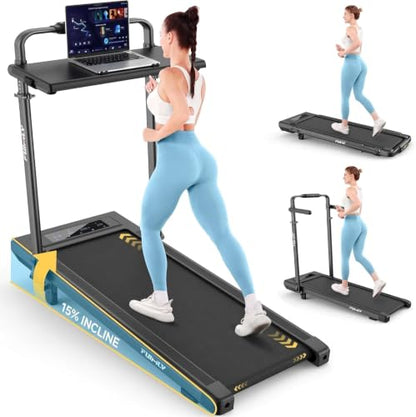 FUNMILY Upgrade Walking Pad Folding Treadmill with 12%/15% Incline & Handle Bar, 3.5HP Foldable Under Desk Compact Treadmills for Home/Office/Gym, 400+lb Capacity, Shock Absorption - color: Midnight Black
