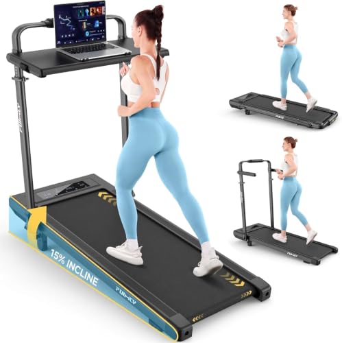 FUNMILY Upgrade Walking Pad Folding Treadmill with 12%/15% Incline & Handle Bar, 3.5HP Foldable Under Desk Compact Treadmills for Home/Office/Gym, 400+lb Capacity, Shock Absorption - color: Midnight Black