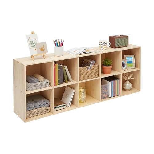 10-Cube Solid Wood Bookshelf, 2-Tier Storage Organizer Semi-Open Floor Display Shelf Closet Cabinet for Home Office Library School, 12" D x 59" W x 24" H - size: 10-Cube