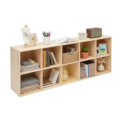 10-Cube Solid Wood Bookshelf, 2-Tier Storage Organizer Semi-Open Floor Display Shelf Closet Cabinet for Home Office Library School, 12" D x 59" W x 24" H - size: 10-Cube