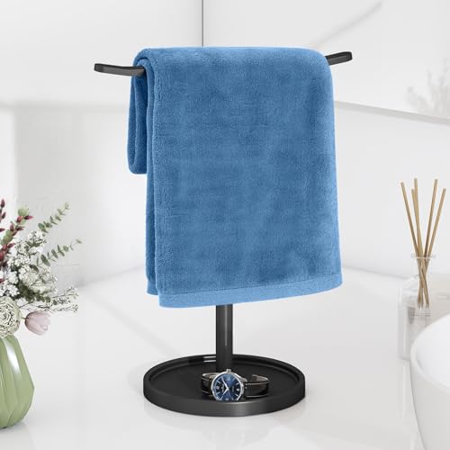 STWWO Hand Towel Holder, Stainless Steel Towel Holder Stand for Bathroom, Kitchen Countertop, T-Shaped Hand Towel Rack Stand, Black - color: Black