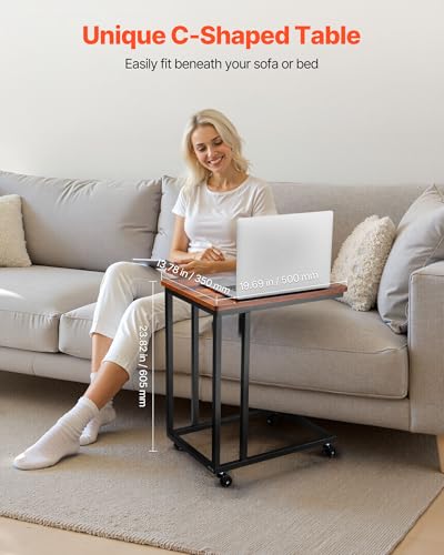 VEVOR C Table, C Shaped Sofa Side Table with Metal Frame Rolling Casters, Portable C Shaped End Stand for Living Room Bedroom Office, 19.69 x 13.78 x 23.82 inches Laptop Side Tables, Brown and Black - style: Normal