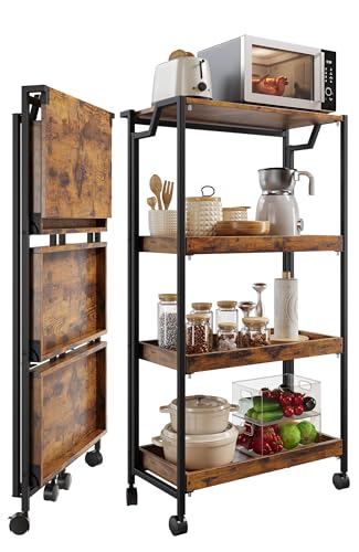 Jojoka No Assembly Folding Kitchen Cart with Wood Top, 4 Tier Collapsible Rolling Utility Cart on Wheels, Industrial Mobile Kitchen Island Storage Cart for Small Spaces, RV and Pantry, Rustic Brown