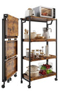 Jojoka No Assembly Folding Kitchen Cart with Wood Top, 4 Tier Collapsible Rolling Utility Cart on Wheels, Industrial Mobile Kitchen Island Storage Cart for Small Spaces, RV and Pantry, Rustic Brown