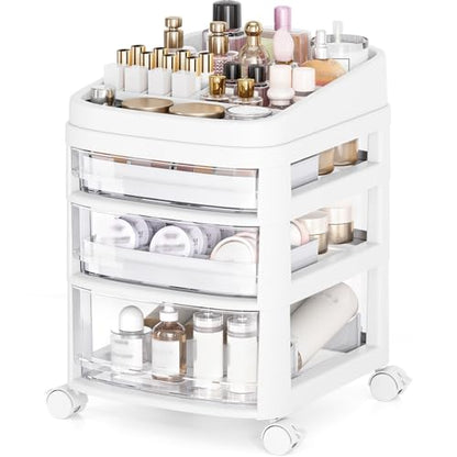 Rolling Cart with 3 Drawers, Clear Plastic Drawer Organizers, Dust Proof Under Desk Storage for Makeup, Skincare, Art Crafts and Baby Items, Acrylic Cosmetic Organizer with Dividers, Vanity Cart - size: 3 Tier