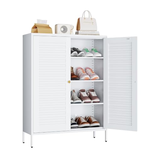 Metal Shoe Cabinet with 4-Tier & 3 Adjustable Shelves | 40” Tall White Freestanding Shoe Storage Organizer with Louvered Doors, Shoe Rack for Entryway, Hallway, Front Door