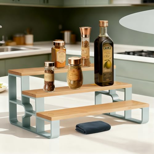 Cabinet & Counter Spice Rack Organizer for Spice Jars & Condiments, 3-Tier | Space-Saving Grease Resistant Bamboo Seasoning Organizers, Practical Makeup Stand, Simple Assembly, Wipe Clean, Mengbu - size: 3 Tier