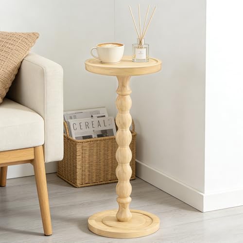 Small Round Side Table for Small Spaces | Wood Pedestal Drink Table & Narrow End Table for Living Room Couch, Modern Bedside Nightstand for Bedroom (Natural Wood) - color: Natural Wood