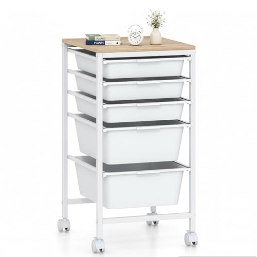Rolling Cart with Drawers, 5 Drawer Rolling Storage Cart with Wooden Tabletop, Metal Frame & Lockable Wheels, Craft Organizers and Storage for Home Office Classroom (White, 5 Drawer) - color: White, size: 5 Drawer