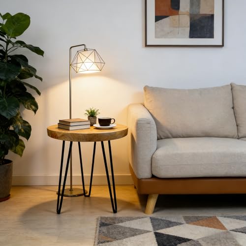 Round Live Edge Wood End Table, 14" Small Natural Wood Side Table with Hairpin Legs, Rustic Modern Nightstand, Small Wood Coffee Table for Living Room Bedroom Office - size: 14" L x 14" W x 17" H