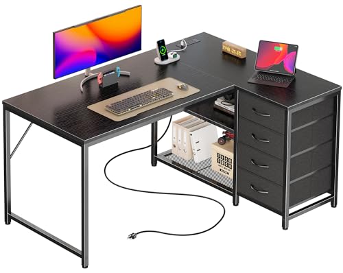 PRAISUN 43.3" Small Computer Desk with Power Outlets & USB-C Port, Reversible L Shaped Corner Office Desk with 4 Fabric Drawers and 2 Adjustable Storage Shelves, for Gaming Writing, Black - color: Black, size: 43.3 Inch