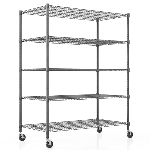 Homdox Heavy Duty Storage Shelves, 5 Tier Wire Shelving Unit with Wheels, Commercial Adjustable Metal Shelves for Storage, Garage Rack Pantry Shelves Kitchen Shelving, 24"x48"x82", Black - color: Black, size: 24"Dx 48"Wx 82"H, 5 Tier