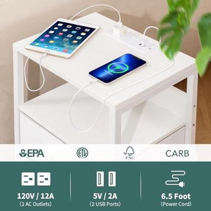 Yoobure Nightstand with Charging Station, LED Night Stand with Fabric Drawers and Storage Shelf for Bedroom, Nightstands Bedside Tables with USB Ports & Outlets, Small Night Stands, Bed Side Table - color: White