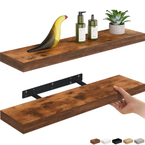 Ballucci Floating Shelves, 24" Wood Wall Shelf Set of 2, with Invisible Brackets for Bathroom, Living Room, Bedroom, Kitchen, Nursery, 6" Deep, Rustic Brown - color: Rustic Brown, size: 23.6 inches