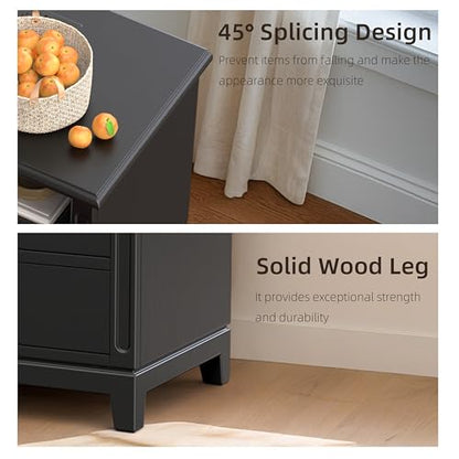 24" Wide Farmhouse Nightstand with Charging Station, Solid Wood End Table with 2 Large Drawers & Open Shelf, Bedside Table with USB Ports and Outlets, Side End Table for Bedroom - color: Black
