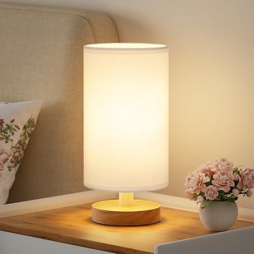 Fenmzee Small Table Lamp for Bedroom - Inline Control, Bedside Lamp with 3000K A15 LED Blub, Easy Assembly (White Shade - Wood Base, 9" Inline Control) - color: White Shade - Wood Base