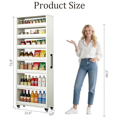 Rolling Spice Rack Next To Side Of Fridge Storage Slim Narrow Shelf Lightweight 7 Tier Wooden Storage Cart For Kitchen , Dining Room, Bathroom, Small Spaces (White, 72.4"H x 9.8"W x 21.6"D) - color: White