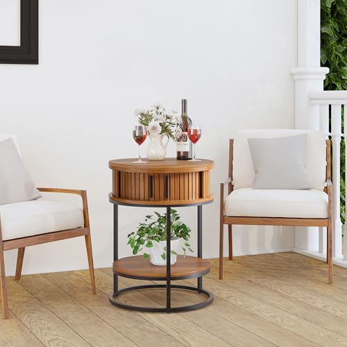 Turtle&Myrtle Small Round Side Table with Storage, 2-Tier Wooden End Table with Sliding Door and Shelf, Mid-Century Circle Nightstand for Living Room, Bedroom, Walnut, 2PC - style: Mid-Century Modern-2PC