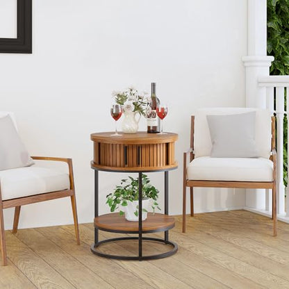 Turtle&Myrtle Small Round Side Table with Storage, 2-Tier Wooden End Table with Sliding Door and Shelf, Mid-Century Circle Nightstand for Living Room, Bedroom, Walnut, 2PC - style: Mid-Century Modern-2PC