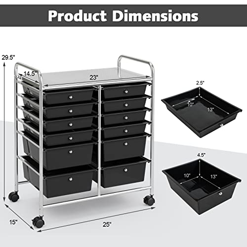 DREAMADE Rolling Cart with Storage Drawers, Utility Cart with Removable Plastic Drawers, Lockable Wheels, Art Cart for Classroom Organization Art Supplies Office Scrapbook (12 Drawers, Black) - color: Black, style: 12 Drawers