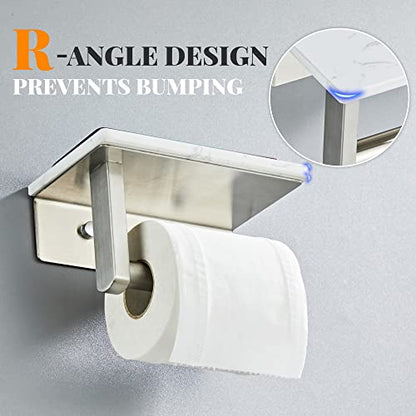 Brushed Nickel Toilet Paper Holder with Shelf, 304 Stainless Steel Screw Wall Mounted, Marble Tissue Roll Holder with Storage - color: Brushed Nickel