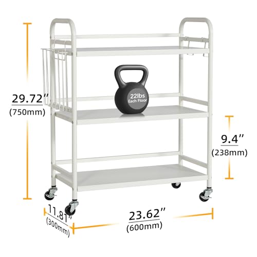 HDANI 3 Tier Metal Rolling Utility Cart,High Capacity Multi Purpose Heavy Duty Cart for Office,Kitchen,Living Room,Bedroom,White - color: White, size: Large with Basket