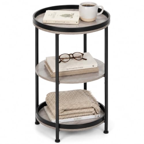 Dulcii Side Table, Round End Table with 3 Storage Shelves for Living Room, Bedroom, Nightstand with Steel Frame for Small Spaces, Industrial Round Sofa Table, Outdoor Accent Coffee Table, Oak - color: Oak, style: Classic