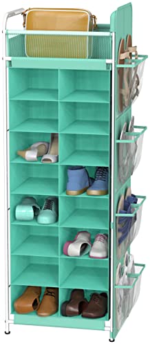 Simple Houseware 16 Cube Shoe Stand Tower Rack 8 Tier, Turquoise | Top Shelf and Side Hanging Pockets - color: Turquoise