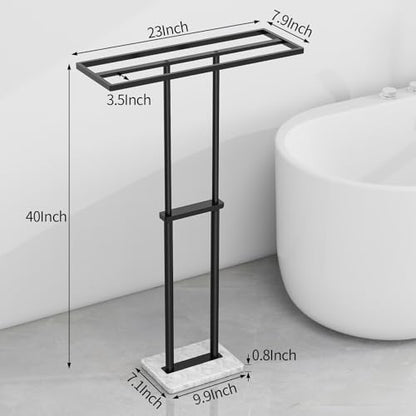 LSK 40” Standing Towel Rack, 3 Tier Towel Stand with Marble Base, Black | Stainless Steel Freestanding Towel Racks for Bathroom, Towel Holder Stand for Hanging Multiple Sizes Towels