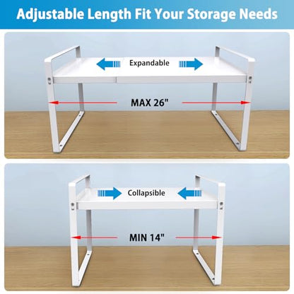 Expandable Shelf for Cabinet, 9" Deep Kitchen Cabinet Organizer, 1 Pack | Adjustable 14-26", Heavy Duty Metal Countertop Riser for Under Sink and Kitchen Cupboard Storage, 55 Lbs Anti-Sag, White - size: 9"D | 1 Pack