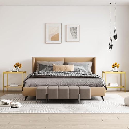 2 Tier Square End Table Side Table with Tempered Glass Top and Gold Metal Frame Modern Night Stand for Small Spaces Side Table with Storage for Living Room Bedroom - color: Gold, style: Style 1