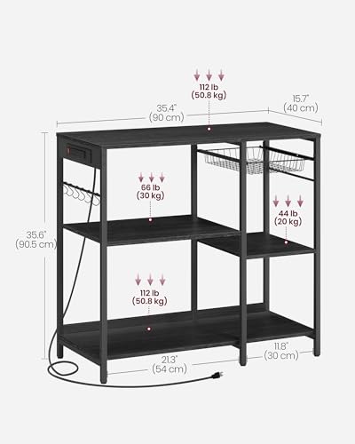 VASAGLE Baker's Rack, Coffee Bar Stand with Charging Station, 35.6 Inches Tall, Storage Shelves, Pull-Out Wire Basket, Table for Microwave, Kitchen, Charcoal Gray and Ink Black UKKS036B22 - color: Charcoal Gray + Ink Black, style: With Power Outlet