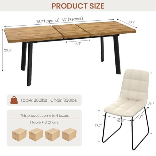 Extendable Dining Table Set for 6 to 8 People, 63" to 78.7" Modern Kitchen Table Set with 6 Chairs, MDF Dining Room Table and Chairs with Removable Extension Leaf (Walnut Table+U-Shaped White Chairs) - color: 63'' - 78.7'' Walnut Table+6 U Beige Chairs
