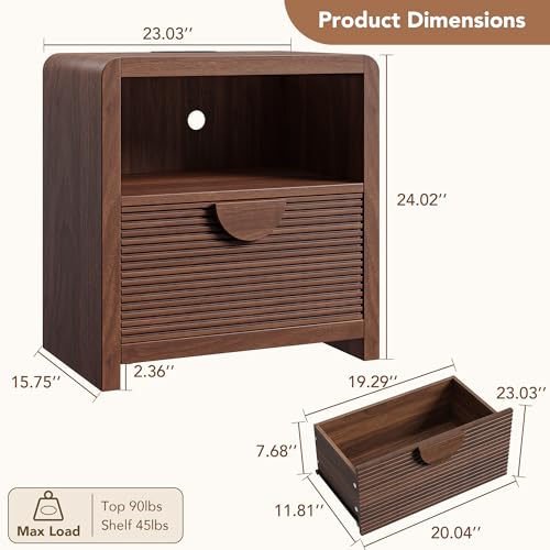 Fluted Nightstand with Charging Station, 23" Wide Wood Bedside Table with Drawer and Open Compartment, Mid Century End Table for Bedroom, Home Office, Walnut - color: Walnut, size: 1 pc
