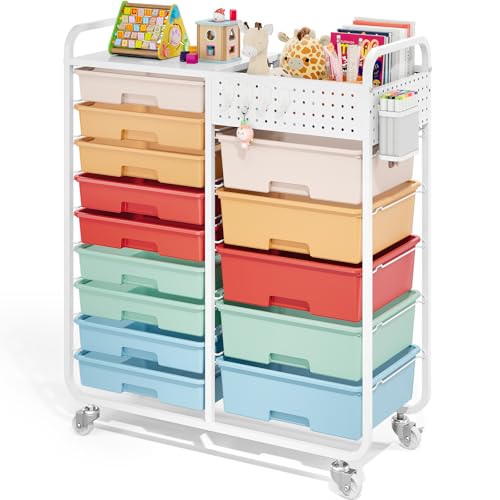 Rolling Storage Cart with 14 Drawers, Storage Organizer Cart with Tabletop and Pegboard,Utility Cart for Living Room, Classroom, Bedroom,Bathroom,Dorm,Office (Rainbow) - color: Rainbow