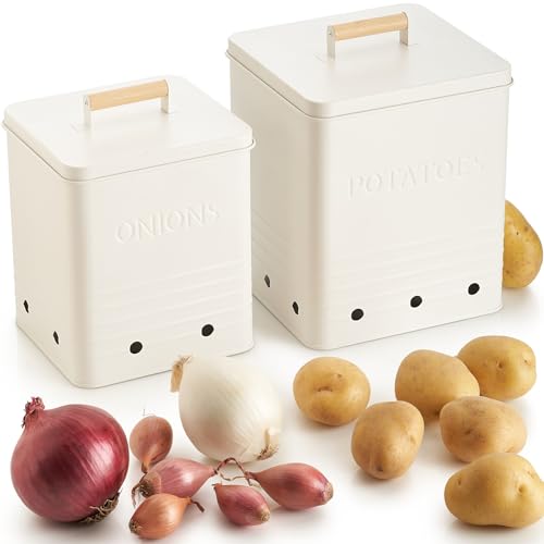 ZICOTO Beautiful Potato and Onion Storage Container Set, 10.1" & 8.9" - Perfectly Sized Spacious Canisters For Your Kitchen Counter Or Pantry - Food Safe Metal Bins Keep Produce Fresh Longer - color: Cream