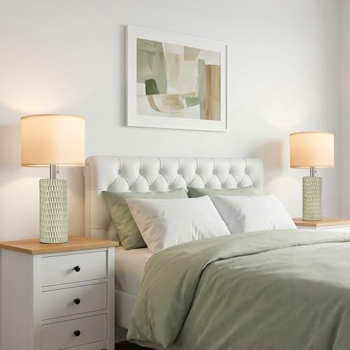 Reaketon Table Lamps for Living Room Set of 2, Ceramic Table Lamps for Bedroom, 20" Modern Lamps for Night Stands, Light Green - color: Light Green