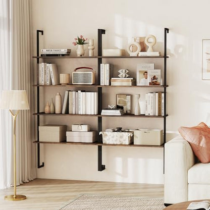 Giantex 4 Tier Modern Wall Mounted Bookshelf Rustic Brown, 64" Industrial Wood Bookcase with Metal Frame, Display Storage Rack Organizer, Ladder Shelf Bookcase for Living Room, Kitchen