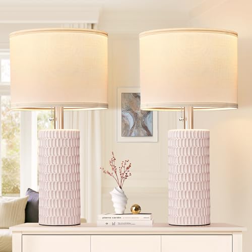 Reaketon Table Lamps for Living Room Set of 2, Ceramic Table Lamps for Bedroom, 20" Modern Lamps for Night Stands, Pink - color: Pink