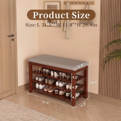 Solid Wood Shoe Bench with Storage, Flip-Top Soft-Close Lid, Adjustable Shelves, Cushioned Entryway Shoe Rack Organizer, 31.5” - size: 31.5"