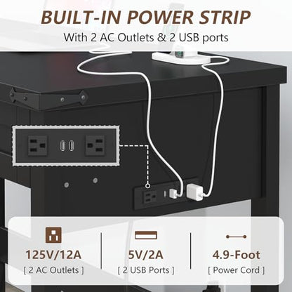 YOMILUVE Farmhouse Computer Desk with 2 Drawers, 39 Inch Small Black Computer Desk with Power Outlets, Home Office Desk Compact Writing Study Table for Small Spaces - color: Black